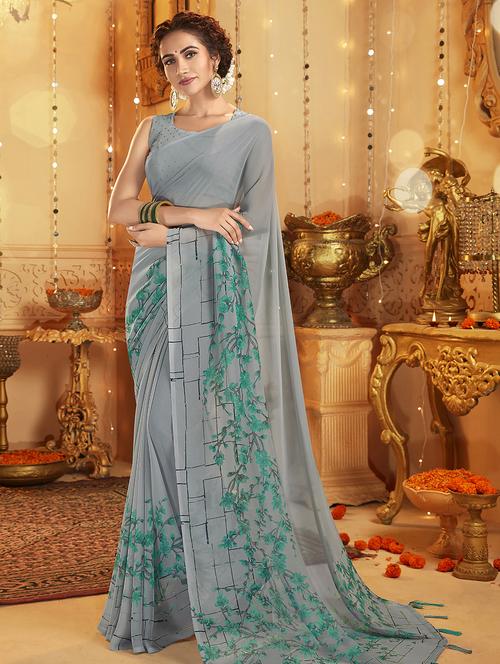 floral printed saree with blouse - 16741209 - Very Small Image - 1