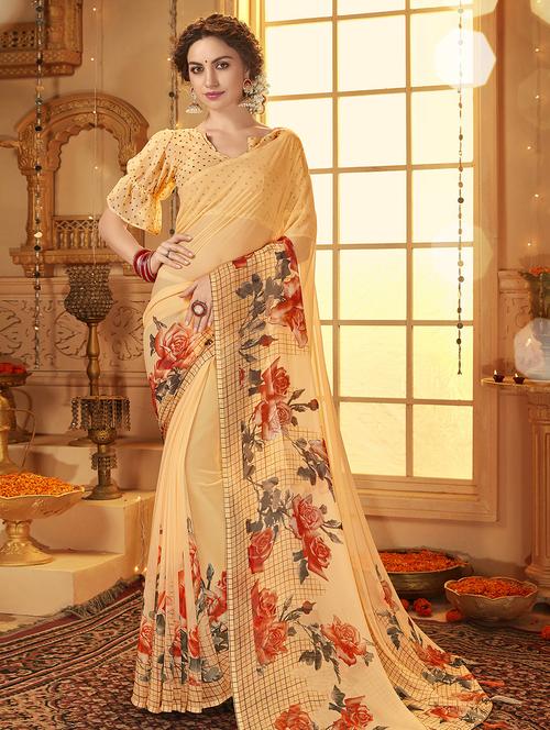 floral printed saree with blouse - 16741212 - Very Small Image - 1
