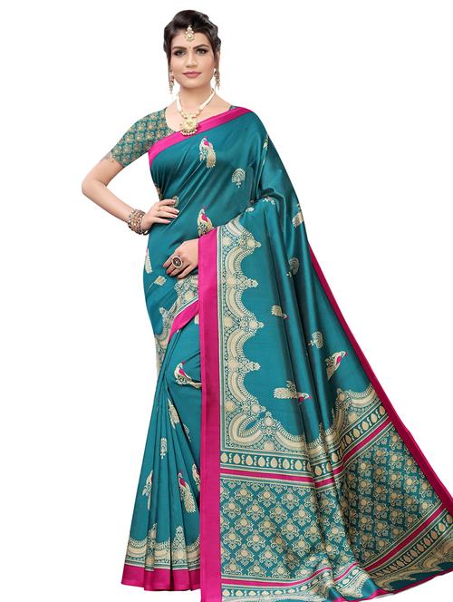 turquoise art silk printed saree with blouse - 16741787 - Very Small Image - 1
