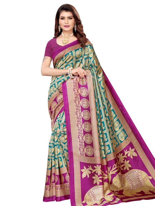 turquoise art silk printed saree with blouse - 16741804 - Very Small Image - 1