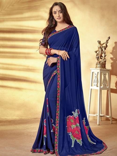 floral printed saree with blouse - 16749896 - Very Small Image - 1