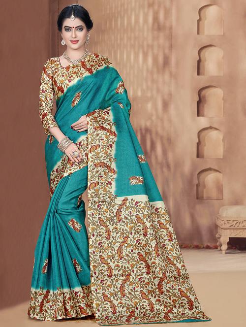 women's kalamkari turquoise colored saree with blouse - 16750149 - Very Small Image - 1
