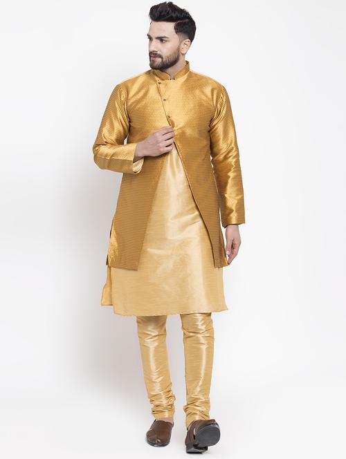 gold silk blend sherwani set - 16750163 - Very Small Image - 1