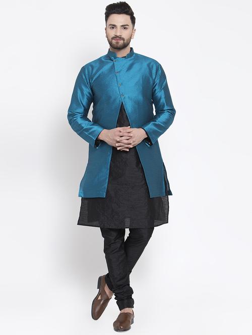 peacock blue silk blend sherwani set - 16750167 - Very Small Image - 1