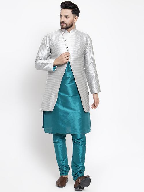 silver silk blend sherwani set - 16750208 - Very Small Image - 1