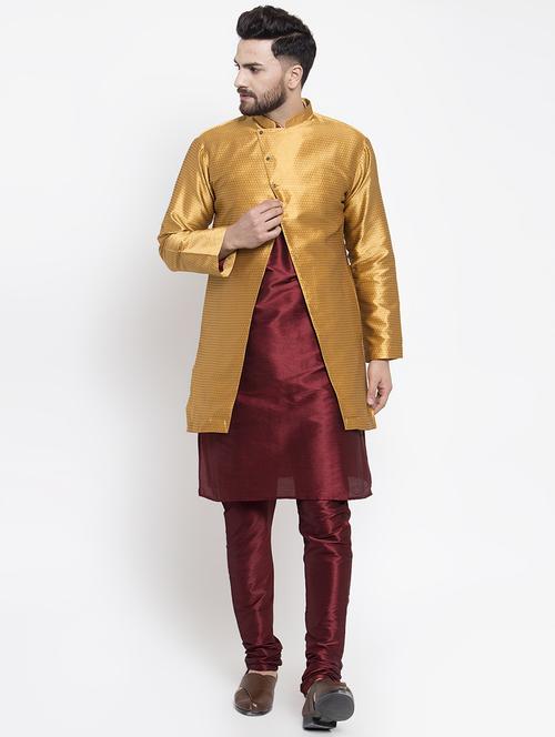 gold silk blend sherwani set - 16750212 - Very Small Image - 1