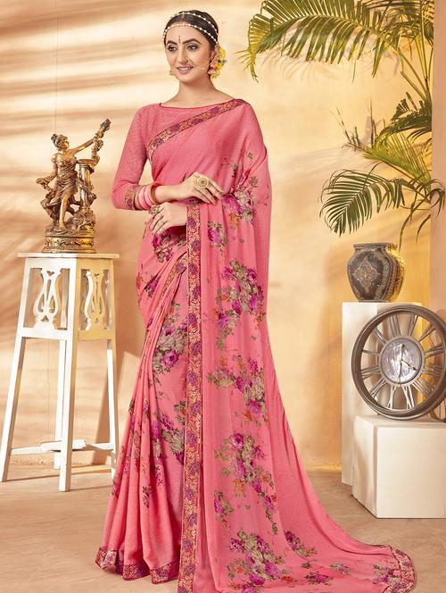pink printed sareefloral printed saree with blouse - 16754064 - Very Small Image - 1