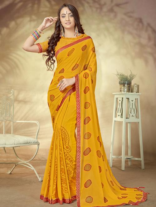 lace detailed printed saree with blouse - 16754074 - Very Small Image - 1