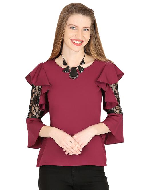 ruffle detail mesh panel sleeved top - 16755832 - Very Small Image - 1