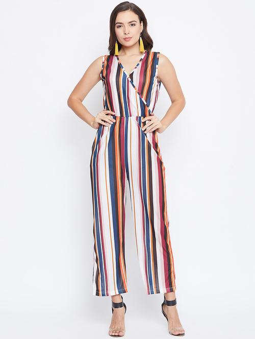 v-neck striped full leg jumpsuit - 16756109 - Very Small Image - 1