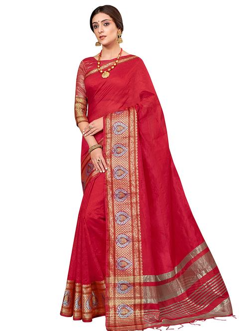 solid bordered kanjivaram saree with blouse - 16763312 - Very Small Image - 1