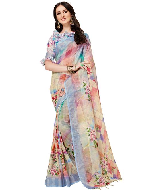 floral printed saree with blouse - 16763675 - Very Small Image - 1