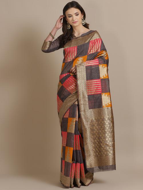 check printed saree with blouse - 16763692 - Very Small Image - 1