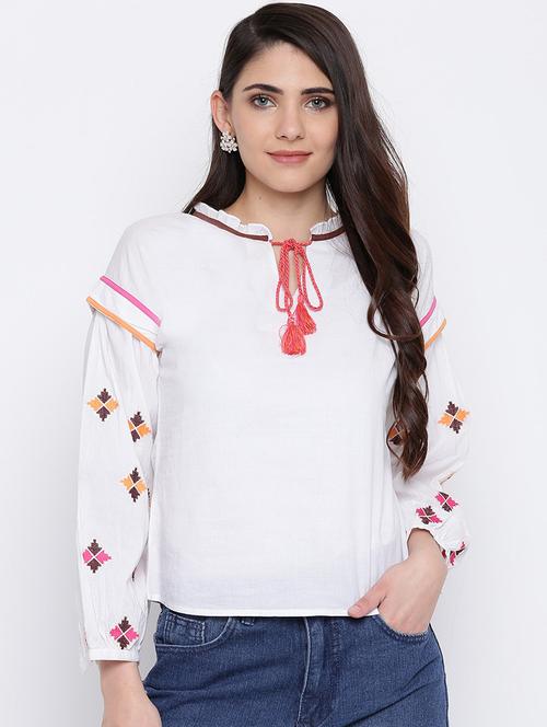 tie up neck embroidered detail top - 16764301 - Very Small Image - 1