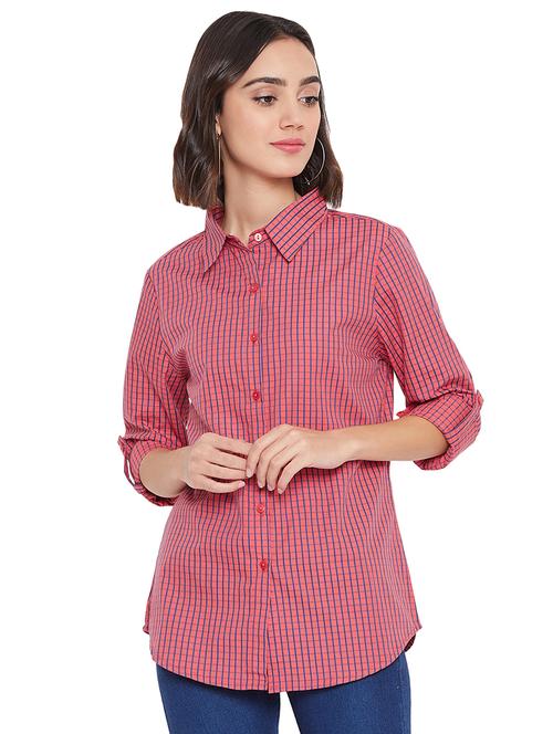 roll up sleeved curved hem checkered shirt - 16764552 - Very Small Image - 1