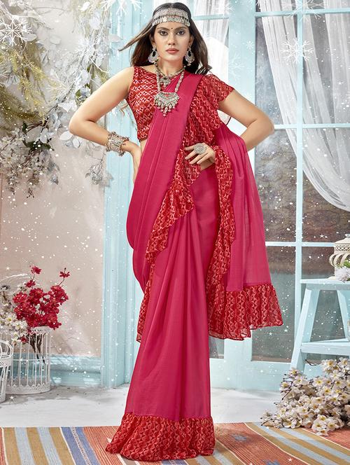 solid bordered saree with blouse - 16765091 - Very Small Image - 1