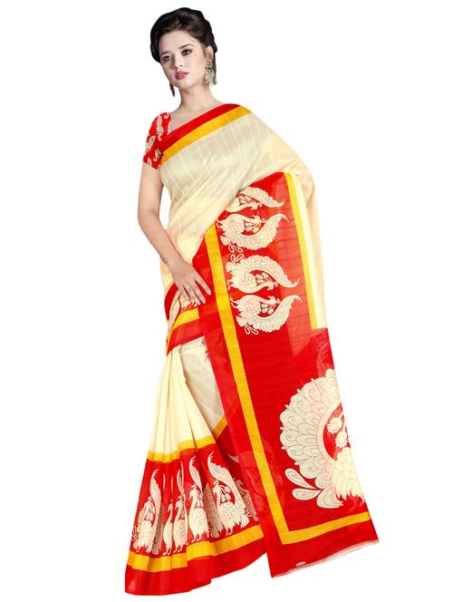 women's printed beige colored saree with blouse - 16767436 - Very Small Image - 1