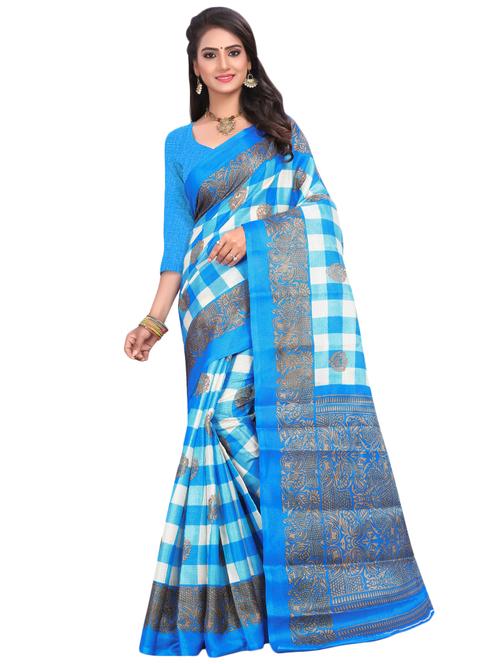women's checks blue colored saree with blouse - 16767451 - Very Small Image - 1
