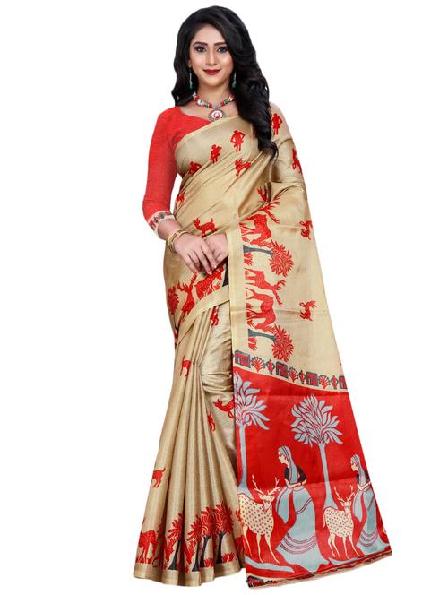 women's kalamkari beige colored saree with blouse - 16767482 - Very Small Image - 1