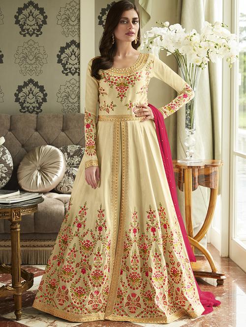 embroidered flared semi-stitched suit set - 16767829 - Very Small Image - 1