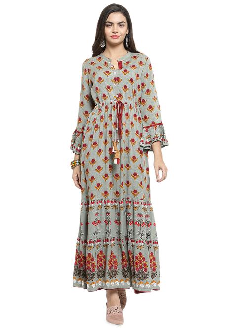 floral printed flared ethnic dress - 16768100 - Very Small Image - 1