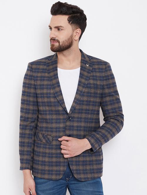 navy blue checkered single breasted casual blazer - 16769319 - Very Small Image - 1