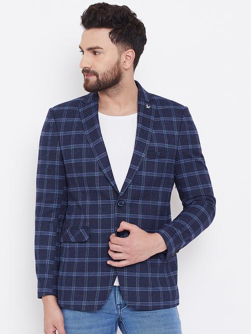 navy blue checkered single breasted casual blazer - 16769320 - Very Small Image - 1