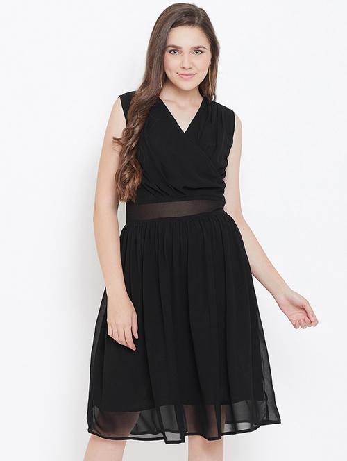 overlap neck gathered flared dress - 16769675 - Very Small Image - 1