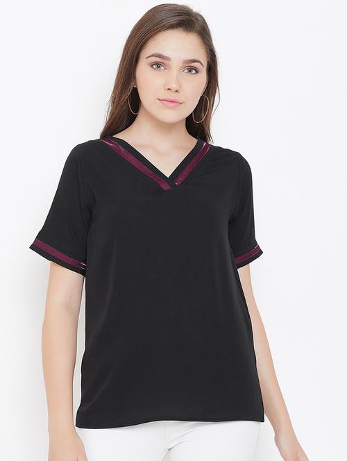 v neck contrast tape top - 16769705 - Very Small Image - 1