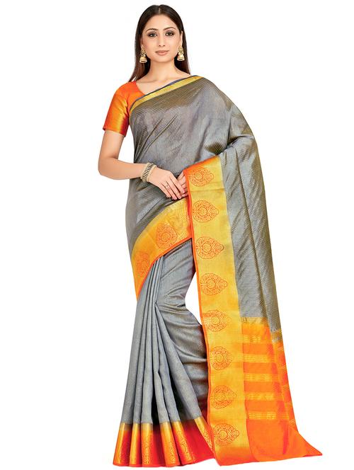 solid bordered kanjivaram saree with blouse - 16772960 - Very Small Image - 1