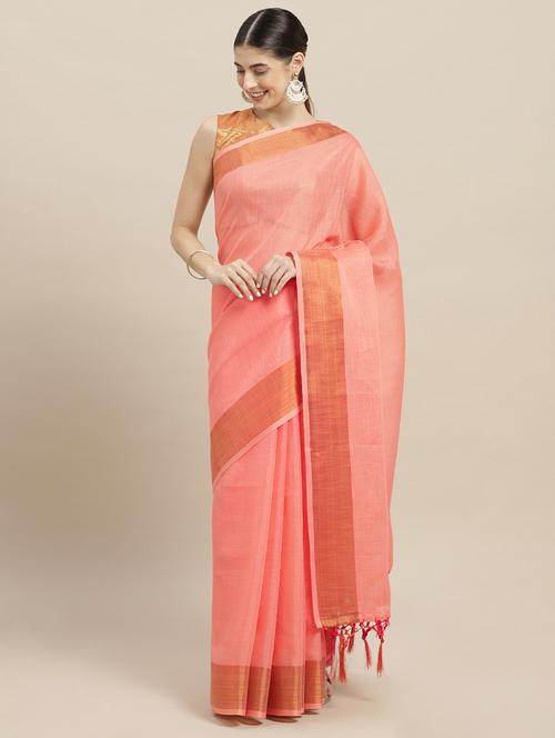 solid bordered woven saree with blouse - 16774931 - Very Small Image - 1
