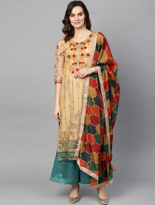 embroidered unstitched palazzo suit set - 16781101 - Very Small Image - 1