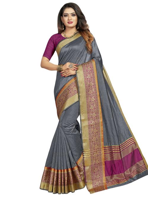 solid bordered woven saree with blouse - 16782368 - Very Small Image - 1