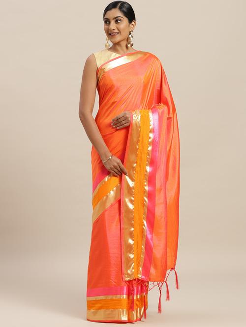 solid bordered woven saree with blouse - 16782502 - Very Small Image - 1