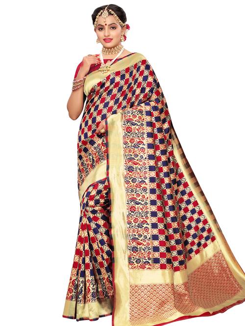 checkered woven saree with blouse - 16788341 - Very Small Image - 1