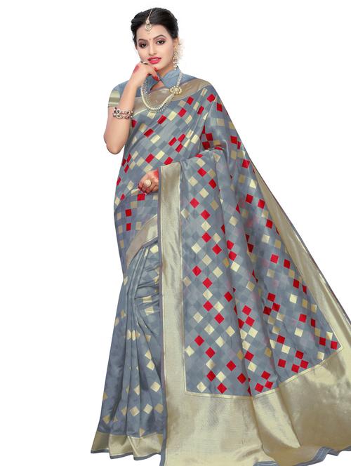 checkered woven saree with blouse - 16788346 - Very Small Image - 1