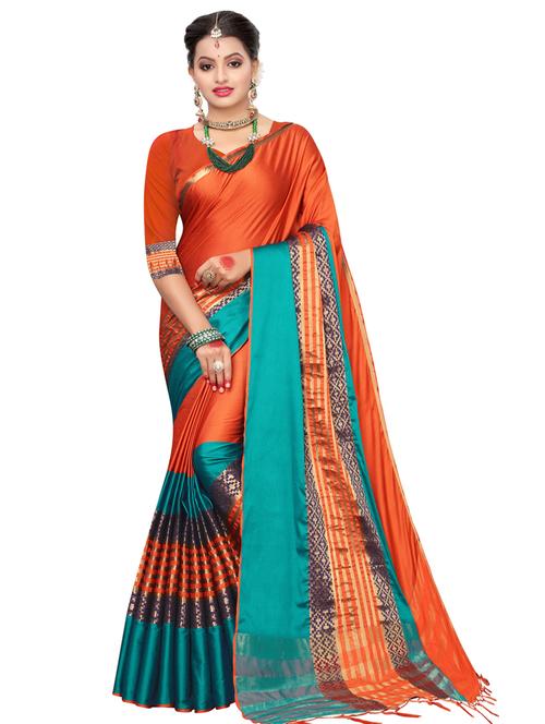 solid bordered woven saree with blouse - 16788356 - Very Small Image - 1
