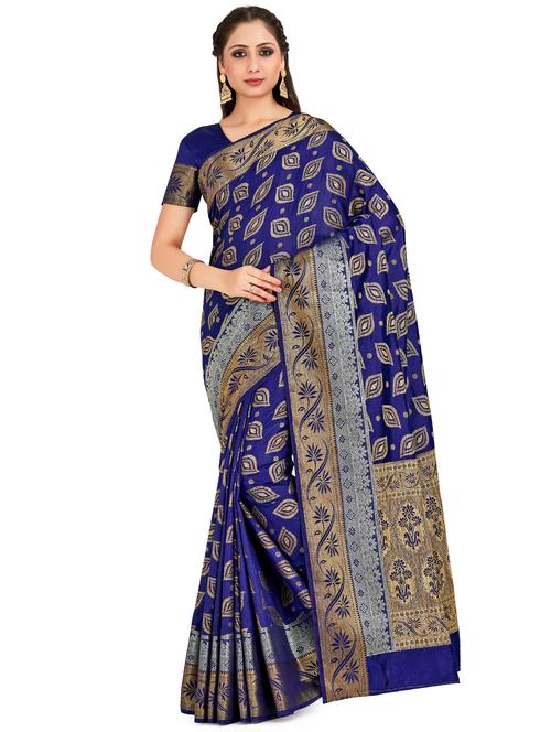 women's self design royal blue colored saree with blouse - 16794298 - Very Small Image - 1