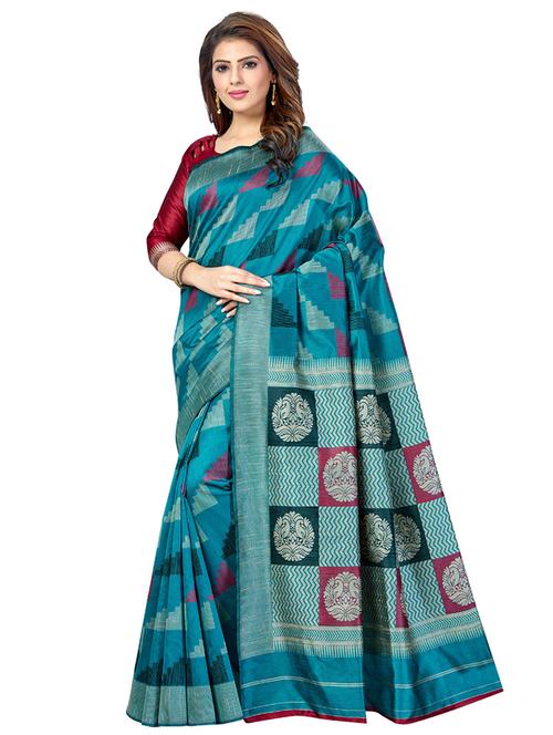turquoise silk blend banarasi saree with blouse - 16795926 - Very Small Image - 1