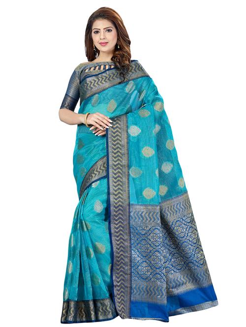 turquoise organza banarasi saree with blouse - 16795932 - Very Small Image - 1