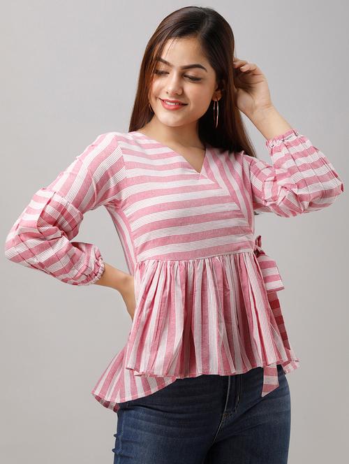 lantern sleeved striped wrap top - 16798120 - Very Small Image - 1