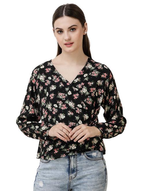 overlap neck floral wrap top - 16798855 - Very Small Image - 1