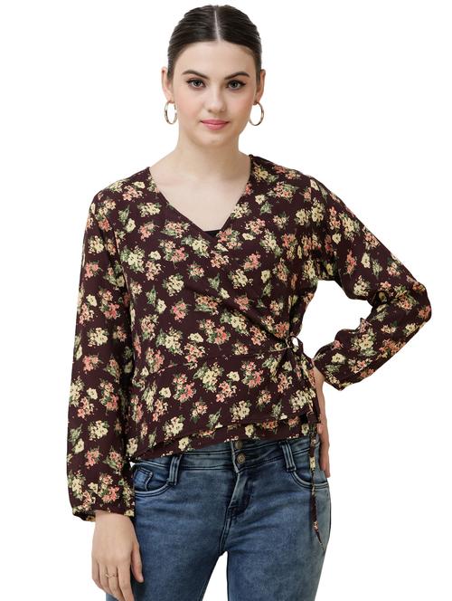 overlap neck floral wrap top - 16798856 - Very Small Image - 1