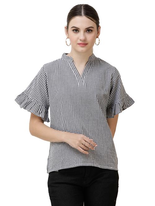 mandarin neck gingham checkered top - 16798871 - Very Small Image - 1