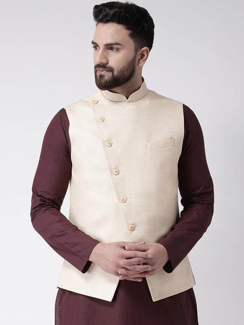beige solid nehru jacket - 16801110 - Very Small Image - 1
