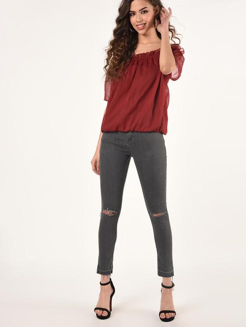 frill detail off shoulder blouson top - 16802338 - Very Small Image - 1