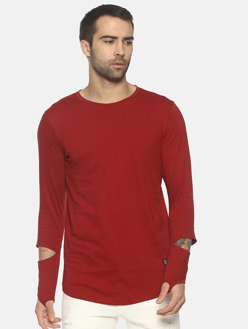 maroon solid thumb hole t-shirt - 16803081 - Very Small Image - 1