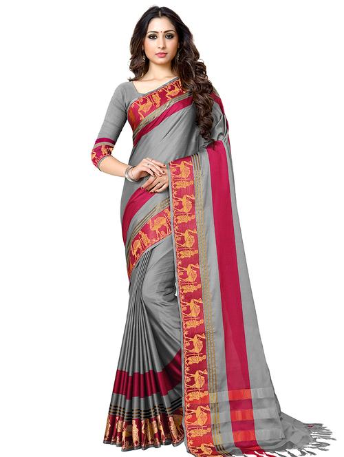 solid bordered saree with blouse - 16805246 - Very Small Image - 1