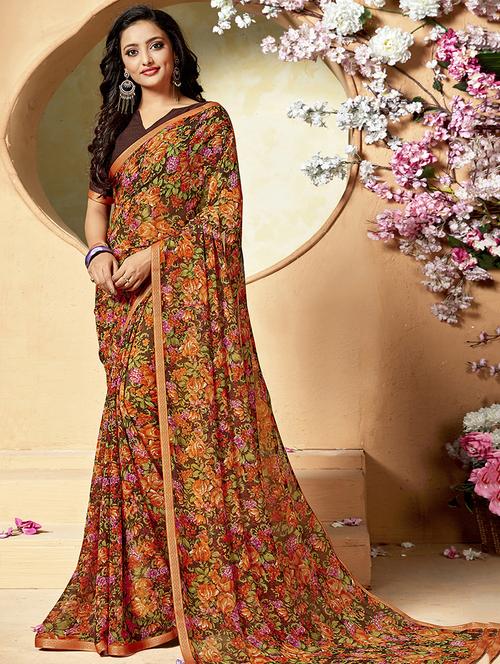 floral printed saree with blouse - 16808158 - Very Small Image - 1