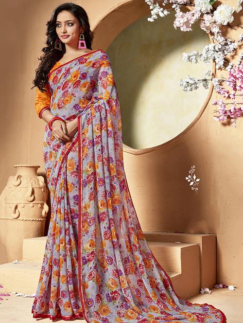 floral printed saree with blouse - 16808164 - Very Small Image - 1